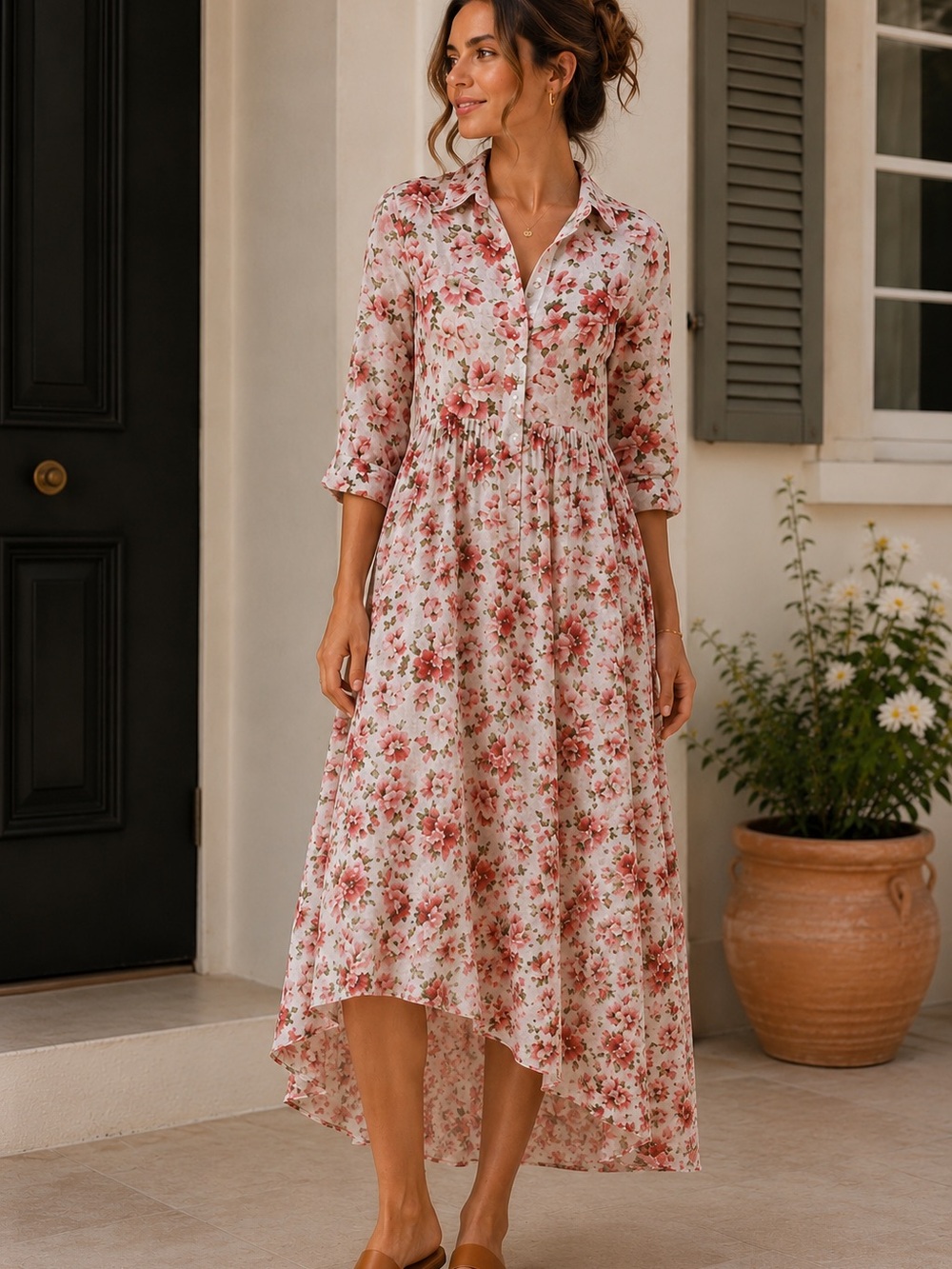Zara Floral Print Tiered Shirt Dress Red White Midi Hi-Lo  Cottagecore, Loosefit